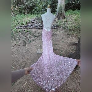Sherri Hill Pink Backless Sequin Beaded Prom Dress